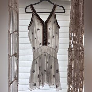 Ramy Brook Penelope Beaded Ivory Silk Dress Boho Sequin Mini NWT $465 Size S
